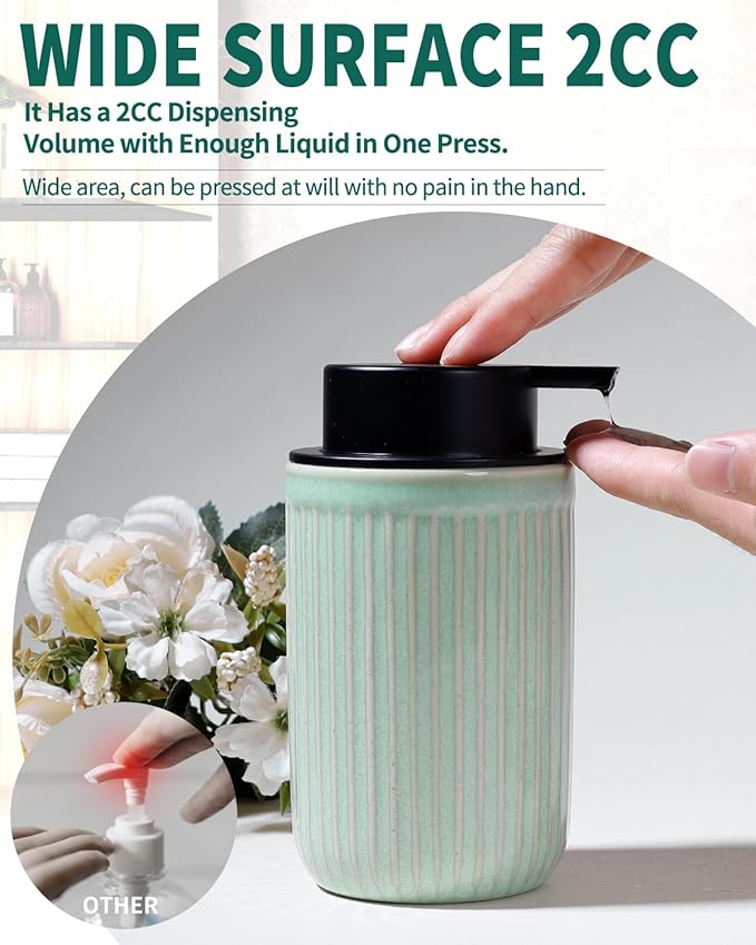 BosilunLife Dish Hand Soap Dispenser - Liquid Pump Soap Dispenser for Bathroom Deco Light Green 12oz Ceramic Kitchen Dish Dispenser with Rust-Proof Liquid Pump Modern Refillable Lotion Bottles