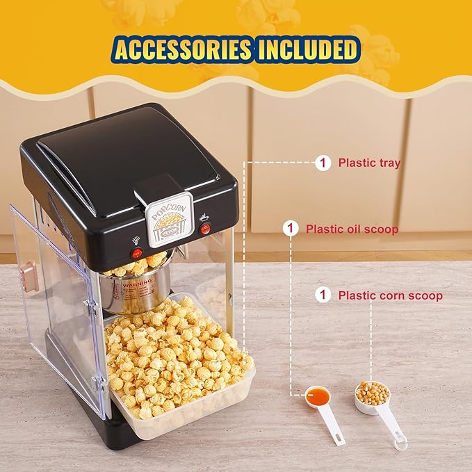VEVOR Popcorn Maker, 300W Popcorn Popper Machine, 2.5 Oz Kettle Makes 4 QT per Batch, Tabletop Popcorn Maker with PP Door, Includes 2 Scoops and Tray, Movie Theater Style, Black