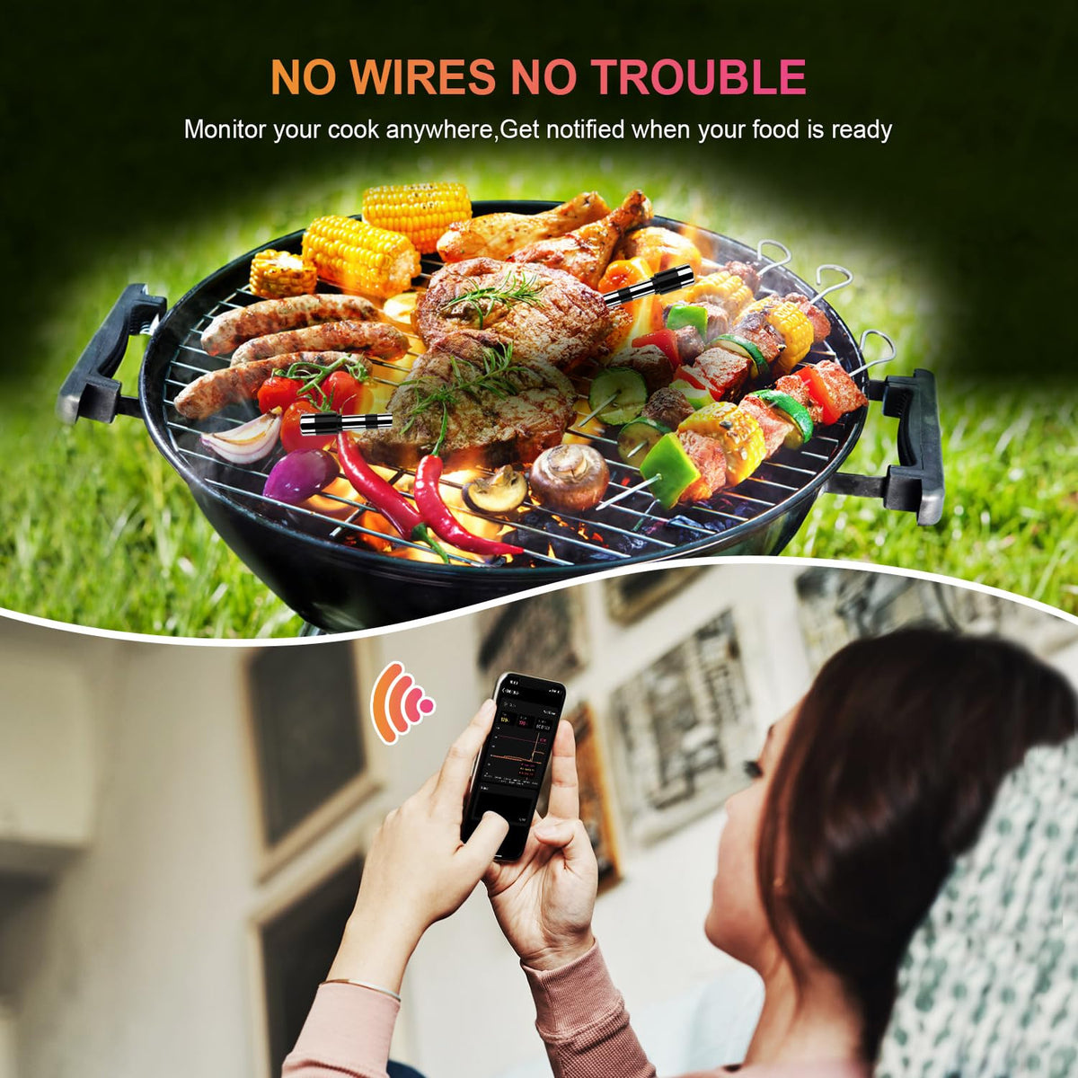 Wireless Smart Meat Thermometer with Dual-Sensor Probe, 500FT Remote Monitoring, Dedicated App, Real-Time Ambient and Food Temperature Tracking for Precise Cooking Control