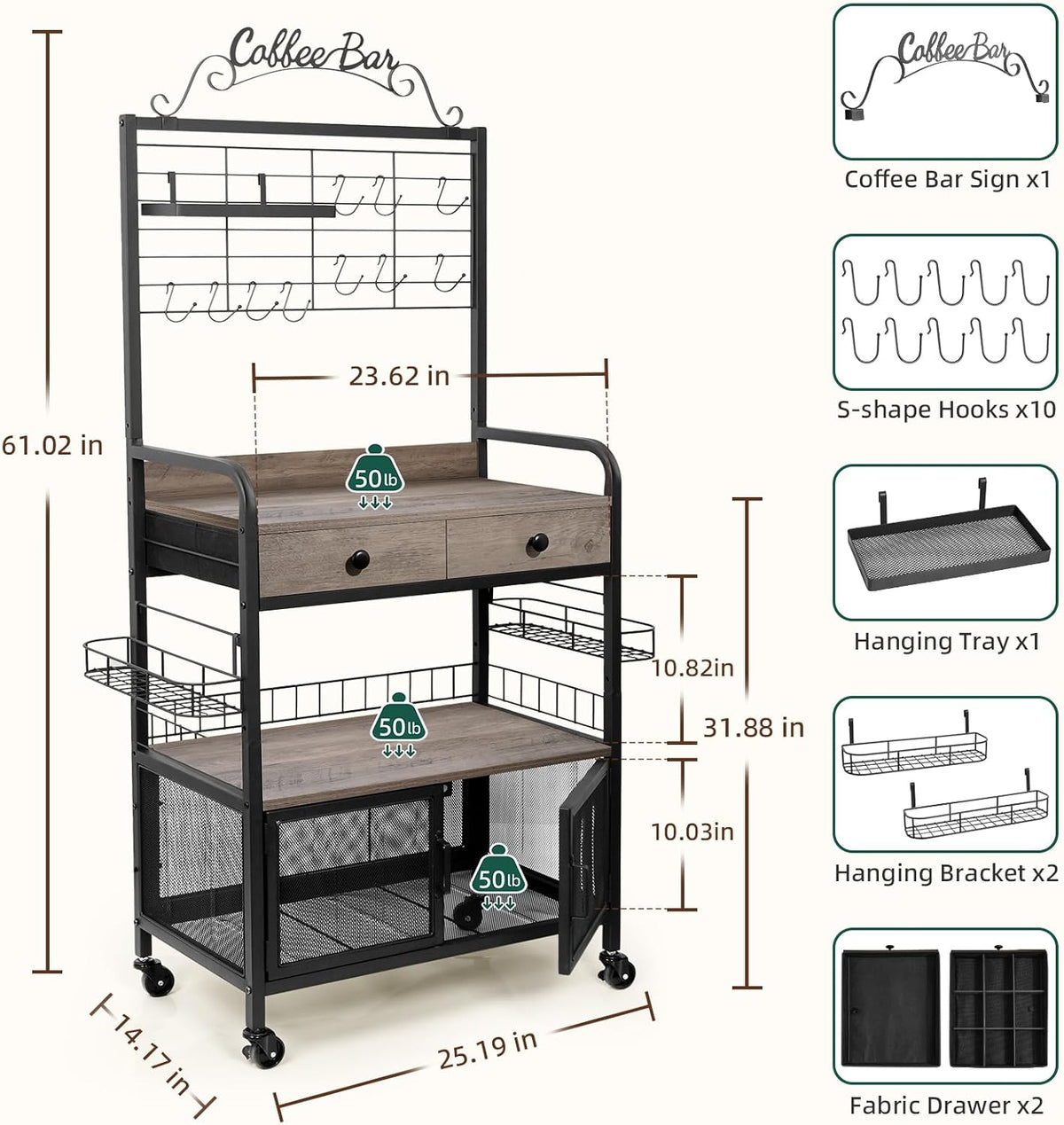 Coffee Bar Cabinet with Storage, Coffee Cart with Wheels, Coffee Station with Coffee Bar Sign and Mug Hook, Corner Coffee Bar Table with Drawer, Bakers Rack for Kitchen Dining Room Living Room Nook