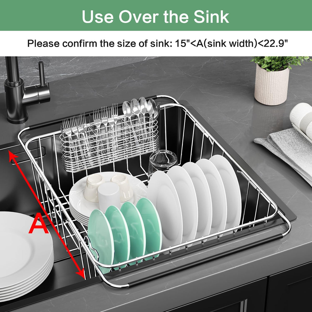 Large Dish Drainer Rack in Sink Adjustable, Expandable 304 Stainless Steel Metal Dish Drying Rack Organizer with Stainless Steel Utensil Holder Over Inside Sink Counter, Rustproof