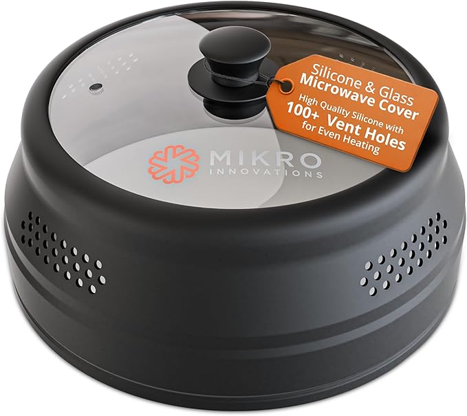 Mikro Innovations Glass & Silicone Microwave Splatter Cover – Tall and Collapsible Design that fits 6-10.5in Plates and Bowls - Space Saving, BPA Free & Dishwasher Safe (1, Black, large)