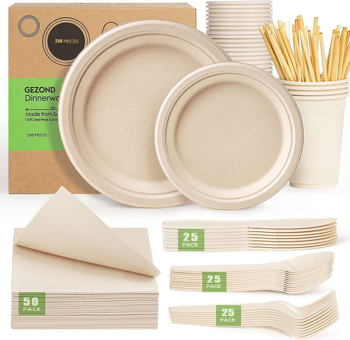Gezond Compostable Paper Plates Set 250pcs Disposable Sugarcane Plates Utensils Eco-Friendly Plate, Cutlery, Napkins, Straws and Cups for Party 25 People