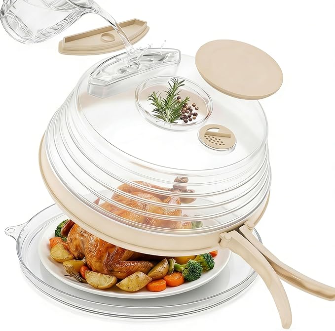 Microwave Splatter Cover with Base Plate and Water Steamer,Collapsible Microwave Cover for Food with Handle and Seasoning Groove, Clear Plate Covers,Food Safe,BPA Free,House Gifts (Creamy White)