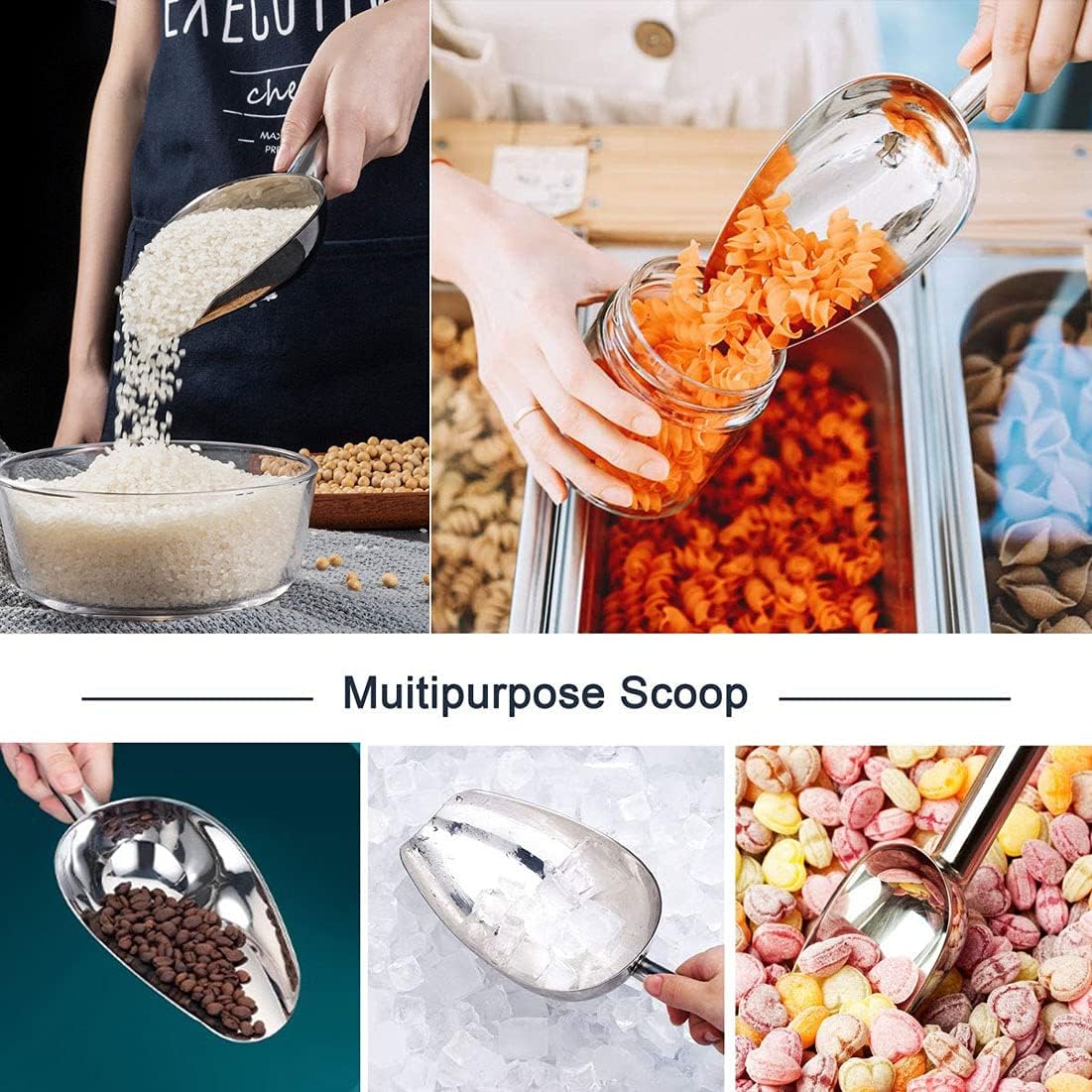 Ice Scoop,12OZ Ice Scoop For Multi-Purpose Use,Stainless Steel Metal Food Scoop Kitchen Restaurant Bar Party Wedding Ice Machine Heavy Duty, Scoops for Household Purposes,Silver(B)