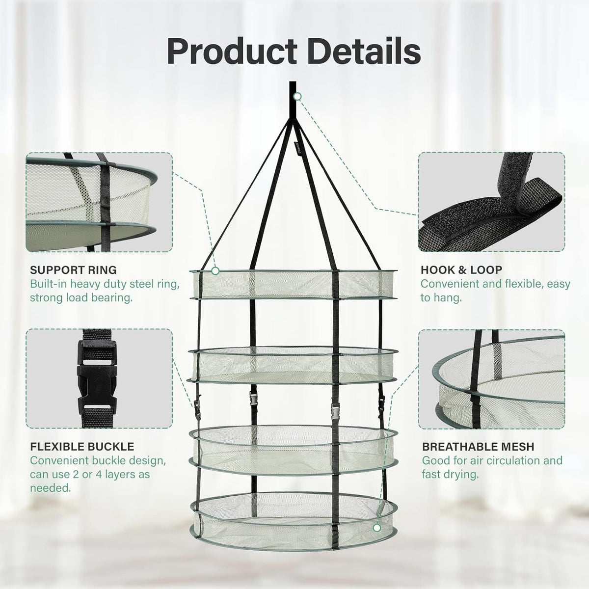 Simple Deluxe 4 Layer 24'' Herb Drying Rack with Hook, Detachable Design Hanging Dry Mesh Folding Basket Dryer for Clothes, Herbs