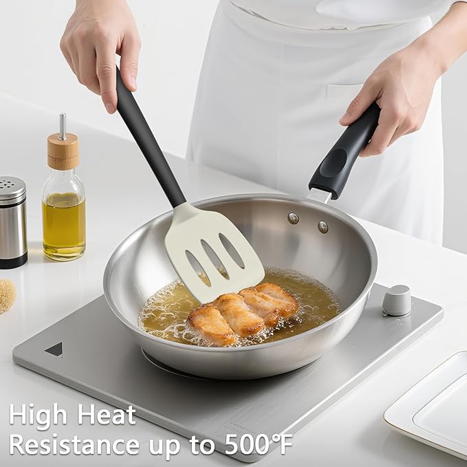 Coukre 3 Pack Silicone Spatula Set, High Heat Resistant, BPA-Free, Fish Spatula, Solid & Slotted Turner for Non-Stick Pans, Flipping Eggs, Pancakes, Fish, Burgers (3, BeigeBlack)