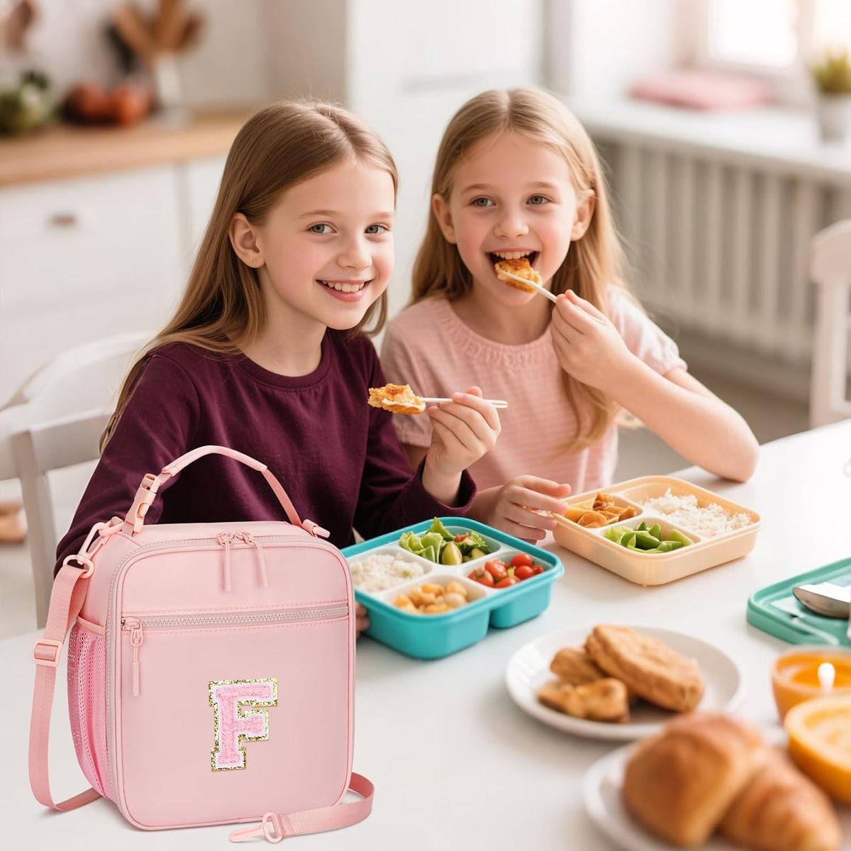 Initial Insulated Lunch Bag for Girls Kids, Back to School Gift, Reusable Leak-proof Lunch Box with Adjustable Strap for School Daycare Travel Picnic (Pink,F)