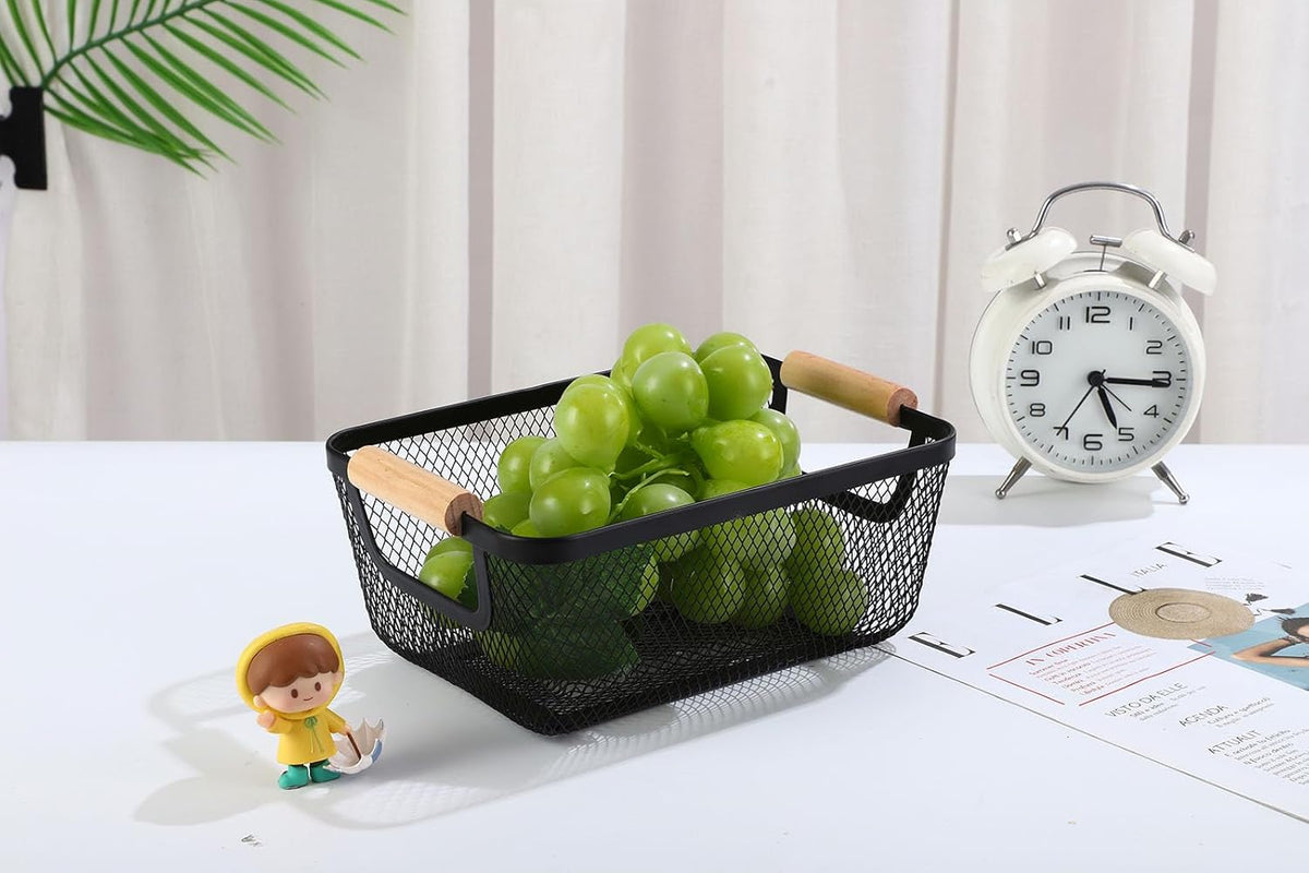 Metal Mesh Steel Basket, Small Wire Storage Organizer Basket Multi-function Hanging Kitchen Basket with Wood Handle for Kitchen Bathroom Picnic Home, Rectangle-Black