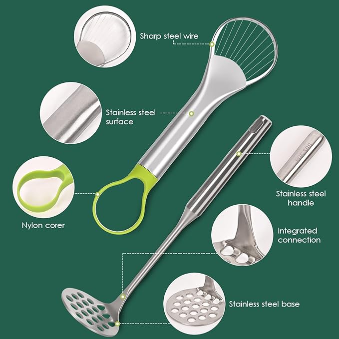 Avocado Slicer Tool Set,Stainless Steel Avocado Cutter Tool and Avocado Masher Tool,Quickly Slices Thinly and Masher,Suitable for Avocados,Potatoes,Dragon Fruit and Other Fruits Vegetables