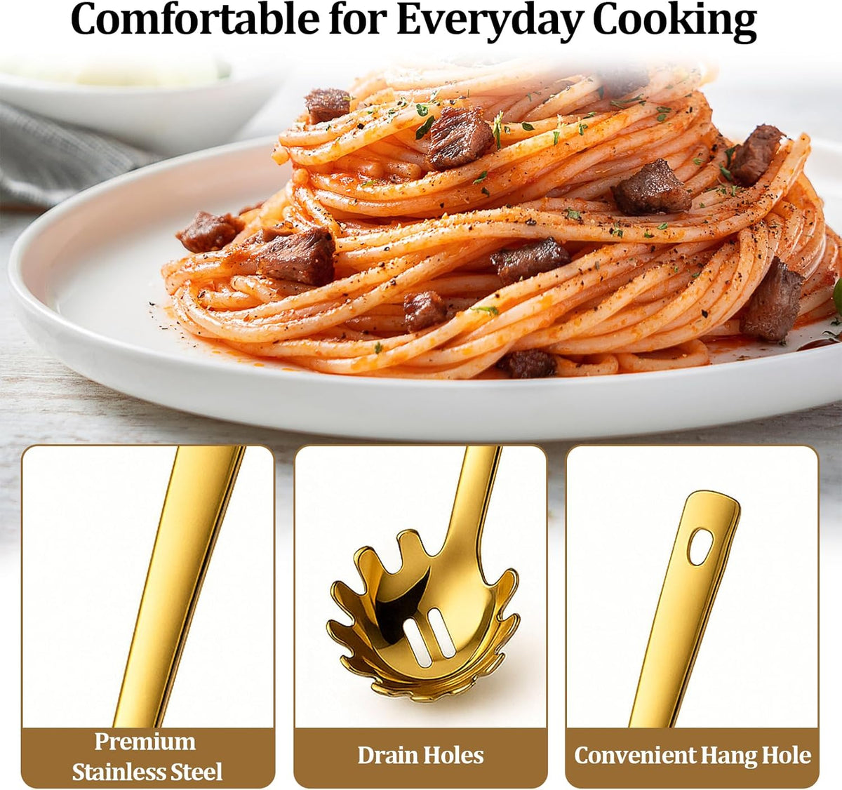 Stainless Steel Pasta Spoon with Teeth Pasta Server & Spaghetti Spoon with Drain Holes for Noodles, Pasta, Cooking & Serving (Gold)