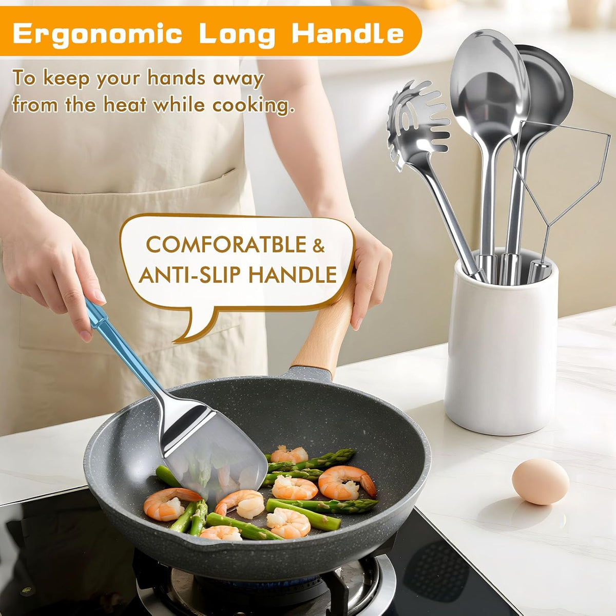 8 Pcs Cooking Utensils Set, Stainless Steel Kitchen Utensils, Heat Resistant Metal Kitchen Tools Include Solid & Slotted Spatula, Serving Spoon, Ladle, Pasta Server,Potato Maseher, Egg Whisk, Silver