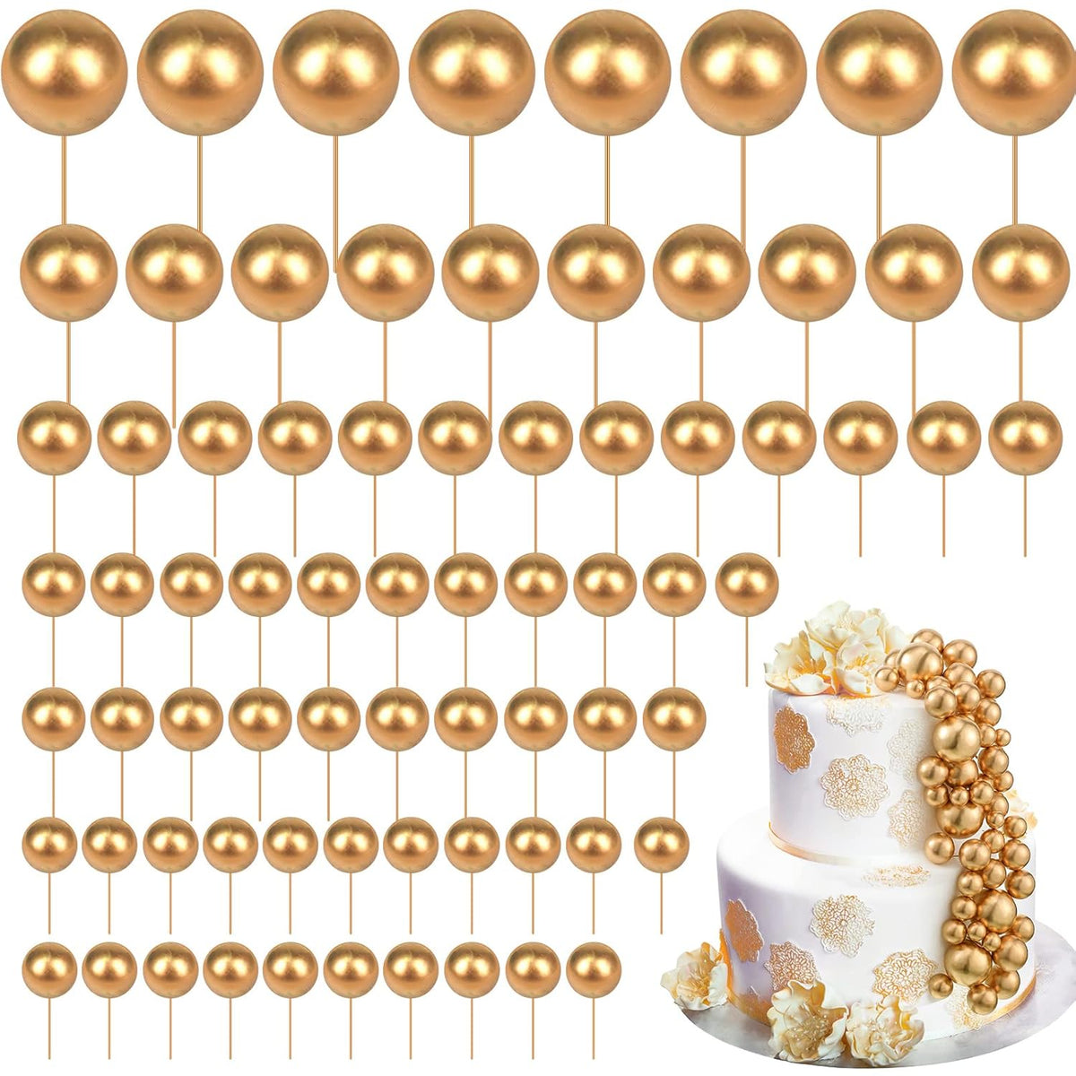 108 Pcs Balls Cake Topper DIY Cupcake Insert Foam Balloons for Cake Baking Wedding Anniversary Birthday Decoration(Gold,Multi Sizes)