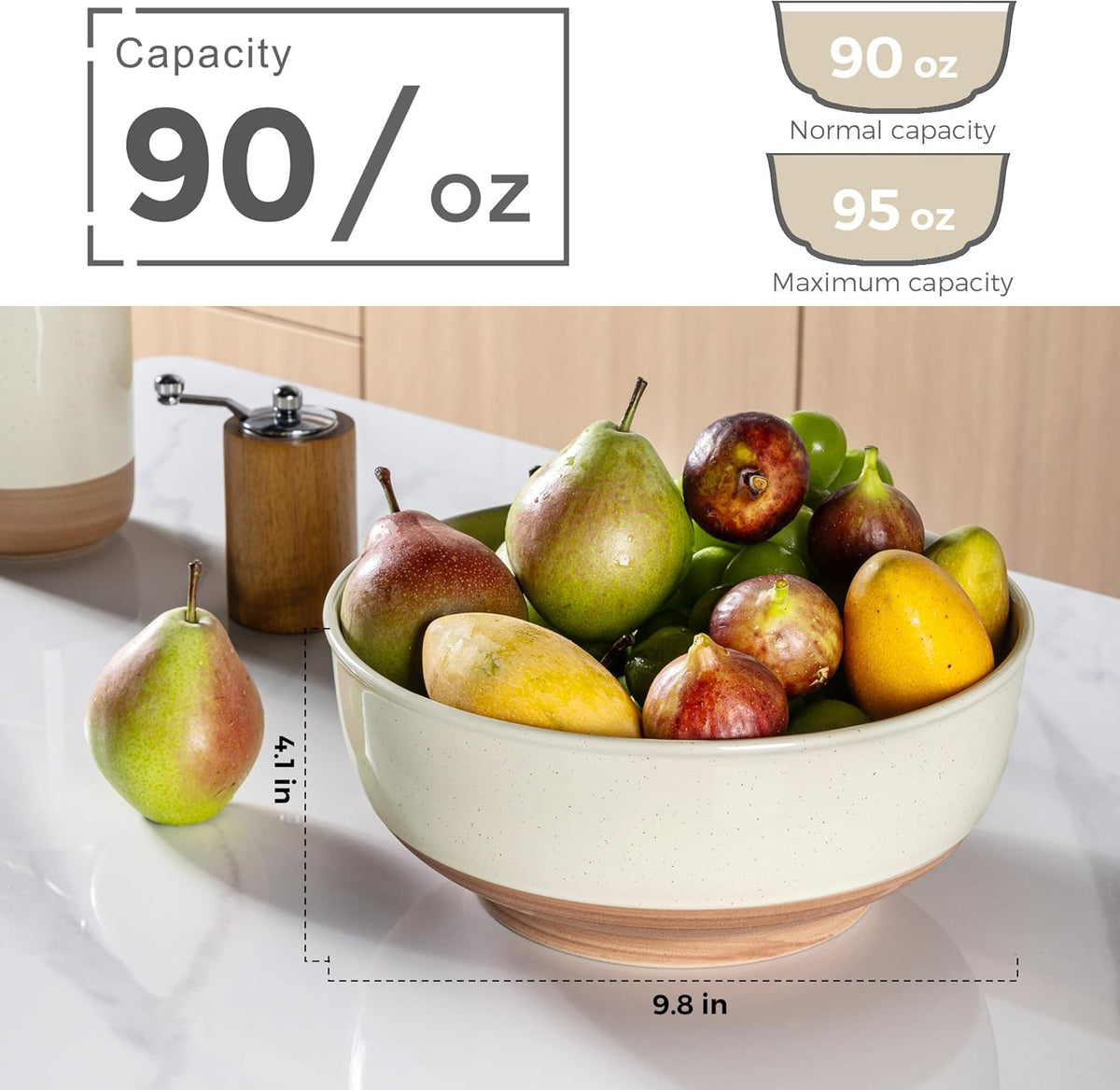 AmorArc 9.8’’ Ceramic Serving Bowls, 95 OZ Extra Large Salad Bowls Set of 2, Stoneware Oversized Bowls with Rustic Terracotta Underside for Salad, Soup and Dinner. Large Bowls for Entertaining &Gift