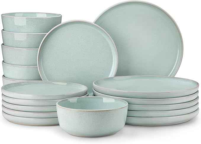 vancasso ANYA 18 Pieces Plates and Bowls Set, Mint Green Dinnerware Sets, Reactive Glaze Dishes Set for 6, Ceramic Dishware Sets Kitchen Dinner Set, Microwave & Dishwasher Safe