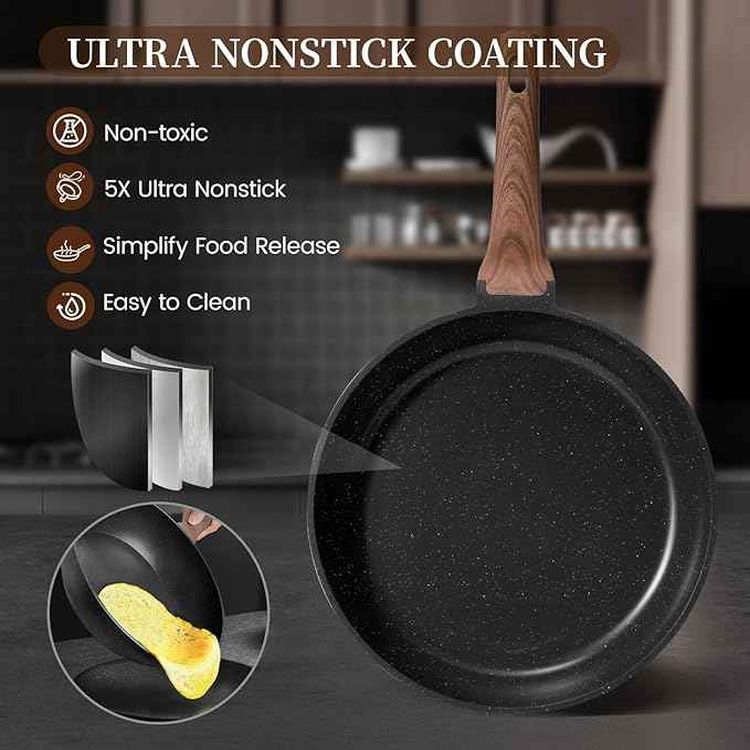 Kikcoin 16Pcs Pots and Pans Set Nonstick Ceramic Cookware Sets Induction Kitchen Cooking Set Non toxic Healthy Non Stick w/Grill Pan, Saute Pan, Black