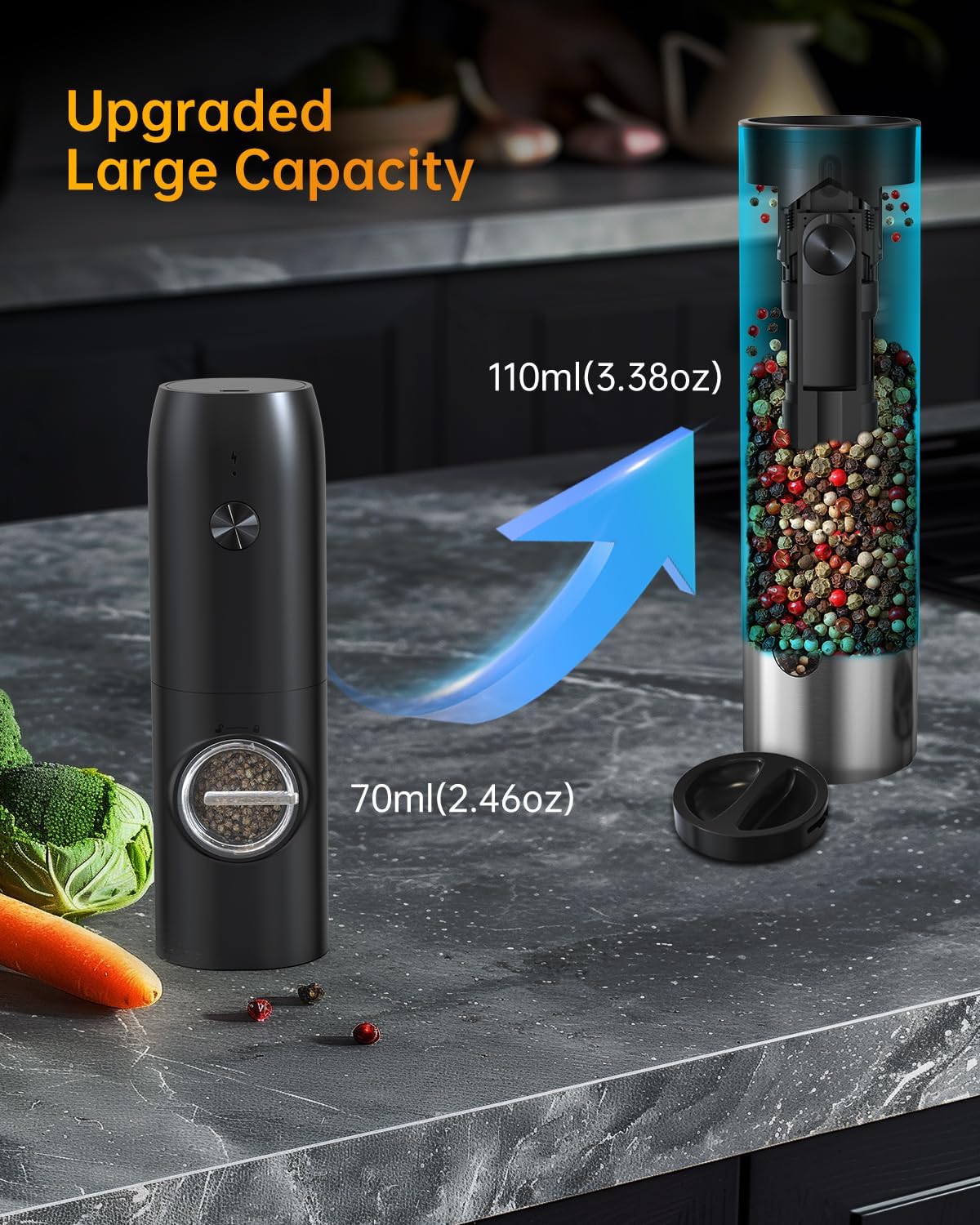 CIRCLE JOY Rechargeable Electric Pepper Grinder, Automatic Stainless Steel Pepper Mill Grinder with 110ml Container, Adjustable Coarseness and White LED Light, Silver