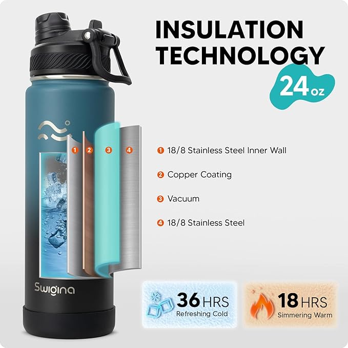 Swigina [2-IN-1 LID] Insulated Water Bottle with Silicone Boot (36hrs Cold/18hrs Hot) - DIY Stickers, Leakproof, BPA Free, 24 oz
