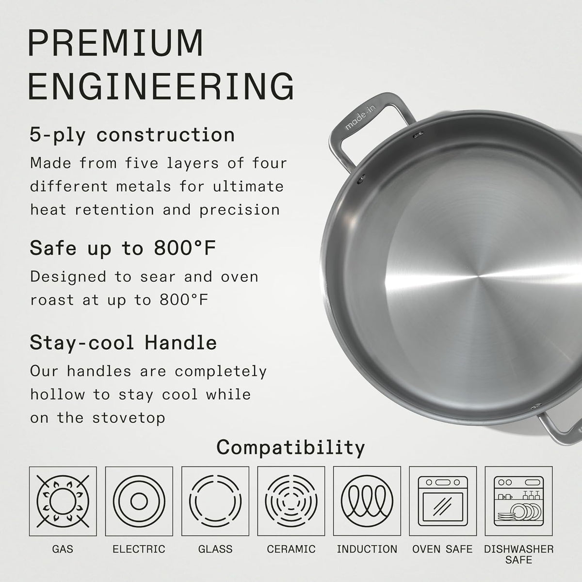 Made In Cookware - 10 Quart Stainless Steel Rondeau Pot w/Lid - 5 Ply Stainless Clad - Professional Cookware - Crafted in Italy - Induction Compatible