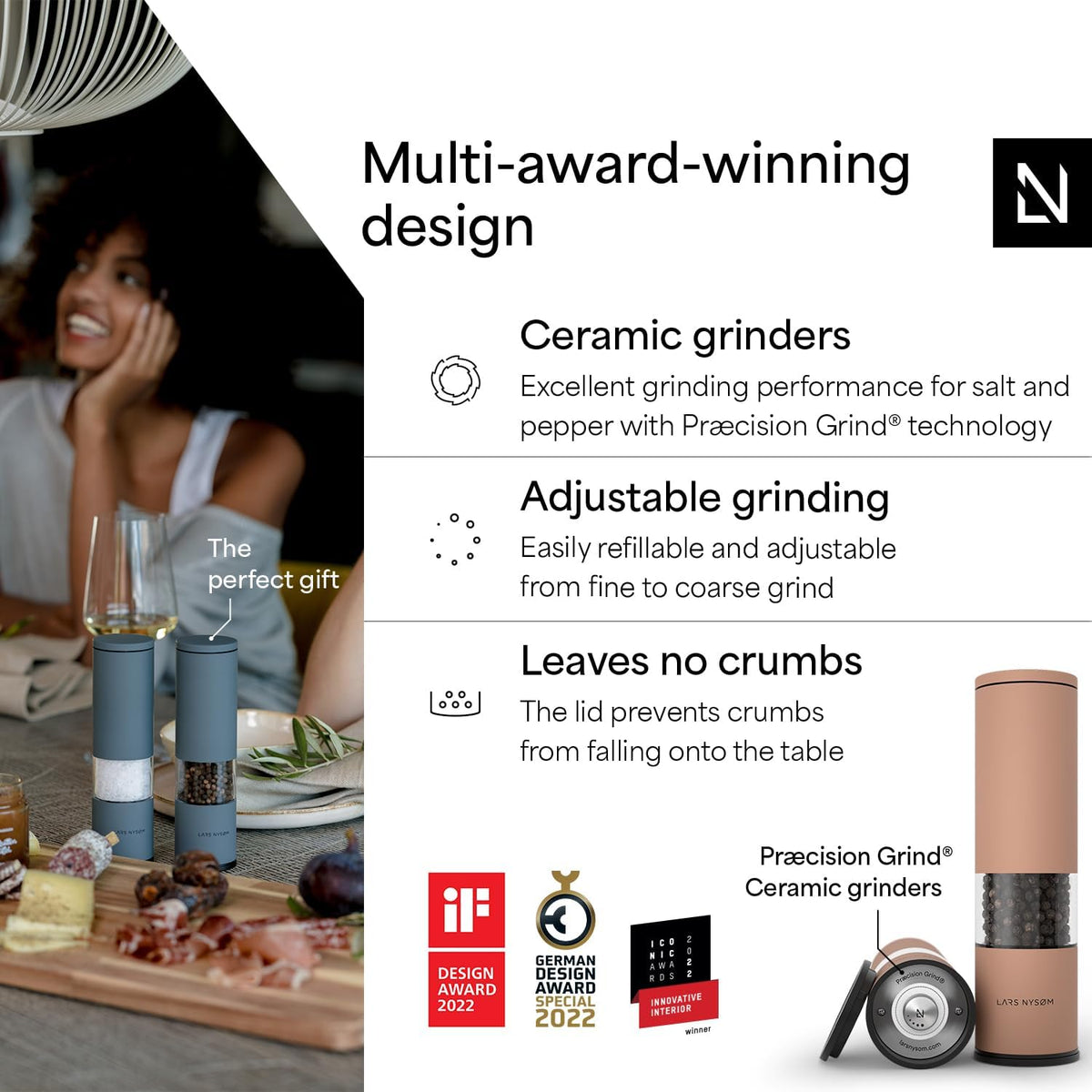 LARS NYSØM Salt and Pepper Grinder Set Manual, Stainless Steel Salt and Pepper Mills with Adjustable Ceramic Grinder I Design Spice Shakers (Blush Rose)