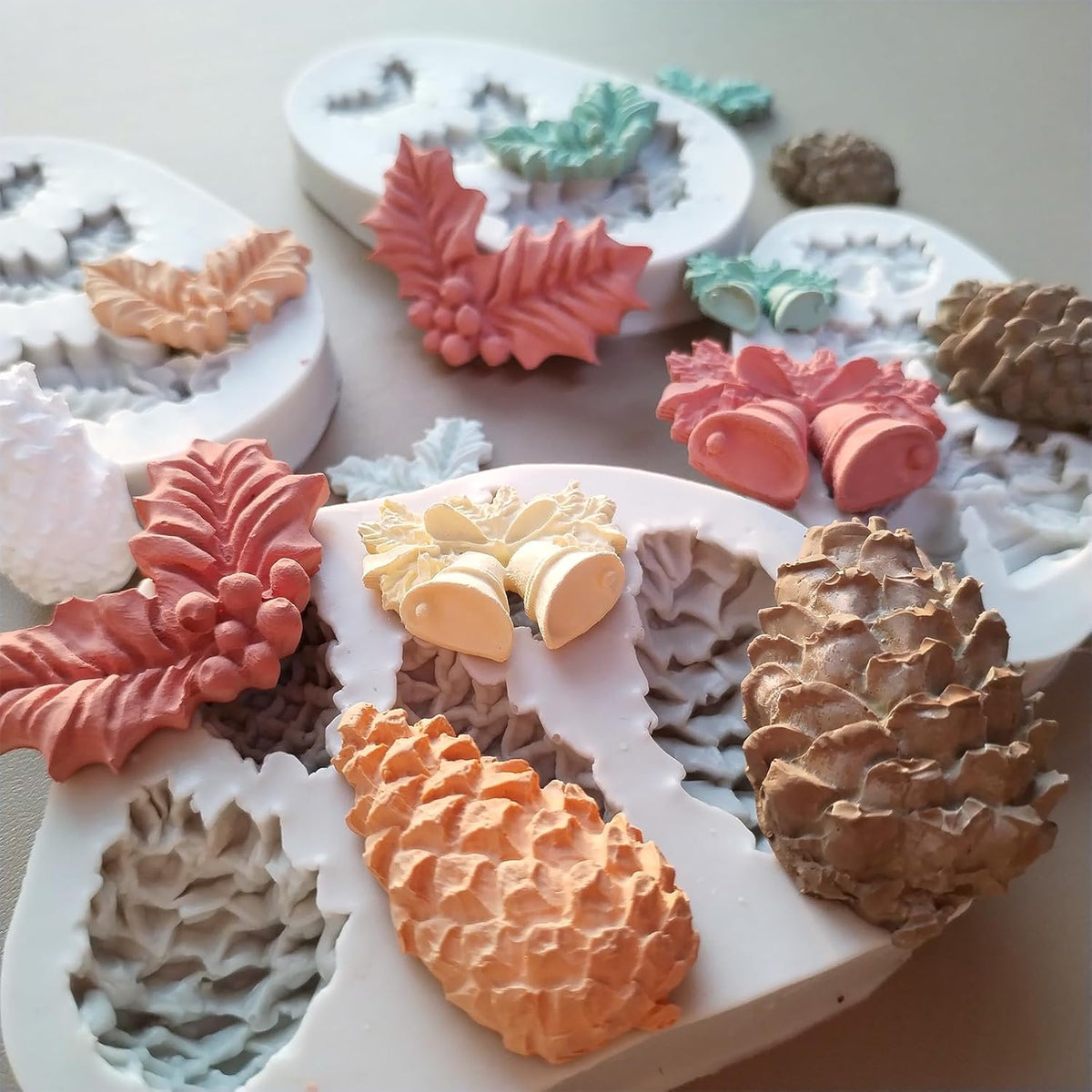 4PCS Christmas Fondant Molds, Christmas Holly Leaves Bells Pinecone Silicone Chocolate Molds, Unique Shape Cake Pop Candy Gummy Molds for Baking, DIY Holiday Dessert Polymer Clay Candle Craft