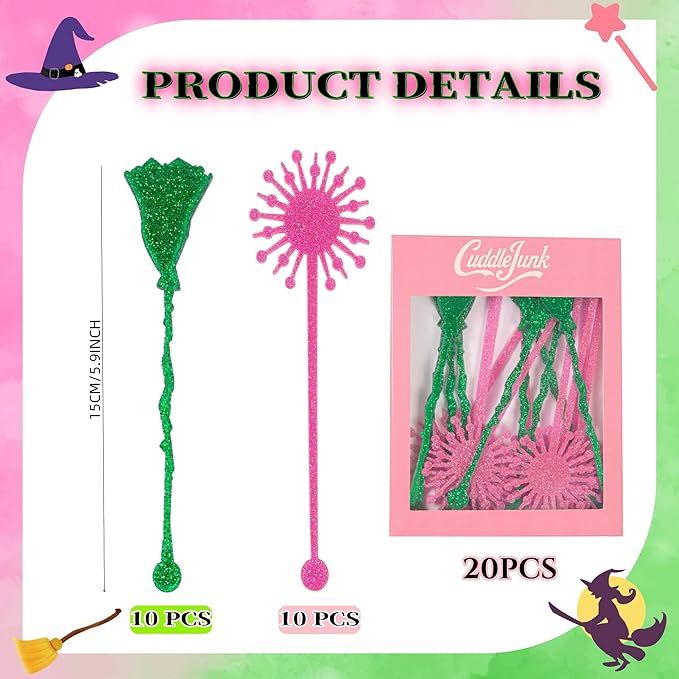 20 Pack Pink and Green Party Decrations, Princess and Witch Party Accessories, Green Witch Broomstick and Glitter Pink Princess Wand Cocktail Stir Sticks for Themed Parties (Drink Stirrers)