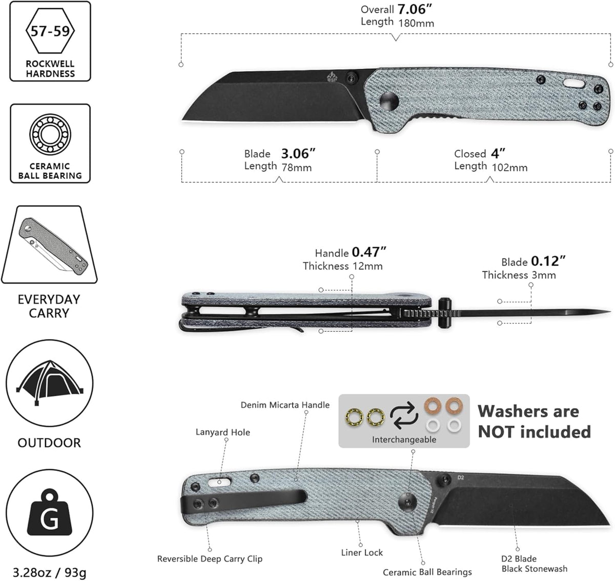 QSP Penguin V2 Folding Pocket Knife, 3.06" D2 Black Stonewash Blade EDC Knife, Denim Micarta Handle, Liner Lock, Ceramic Ball Bearings, Reversible SS Deep Carry Clip