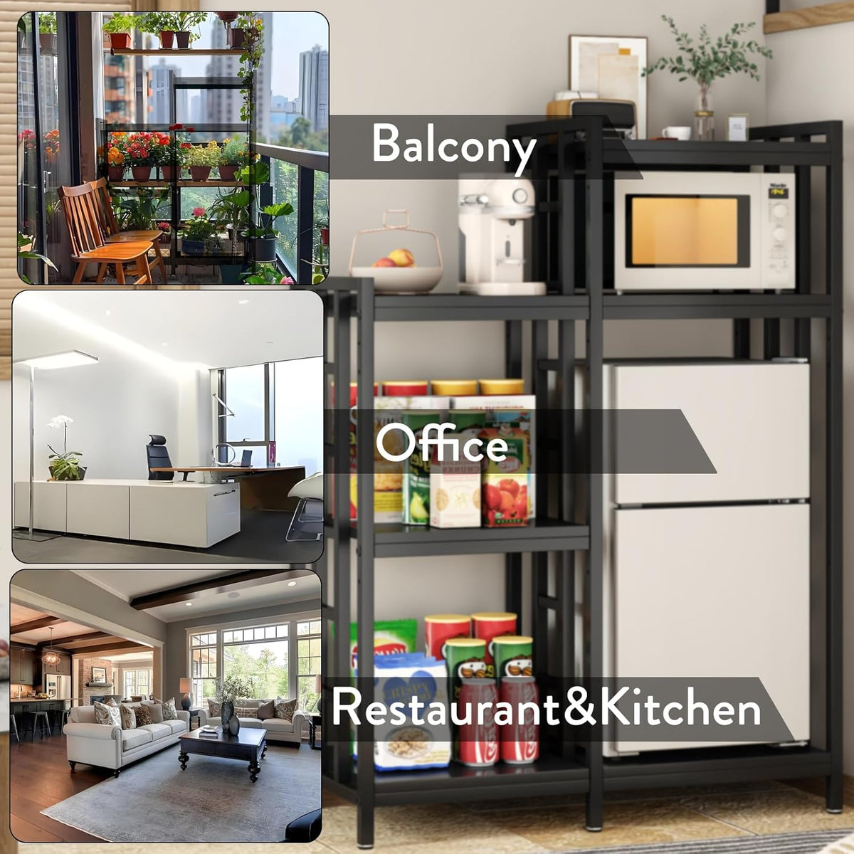 BRIGHTSHOW Kitchen Storage Shelf Bakers Rack, 6-Tier Coffee Bar Table, Kitchen Microwave & Mini Fridge Stand Shelves for Spices, Pots and Pans (52 x 40 x 17.5inch) (Black Wooden no Wheels)