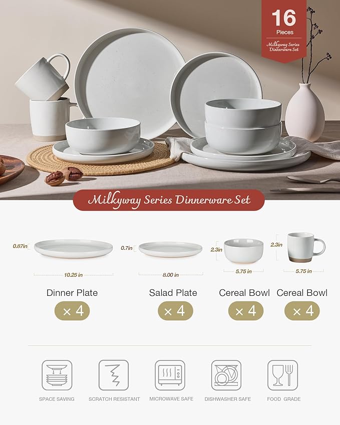 Famiware Milkyway Dinnerware Set with Mugs, Service for 4 (16pcs), Ribbed Stoneware Plates and Bowls Dishes Sets - Chip & Scratch Resistant, Microwave & Dishwasher Safe, Light Gray