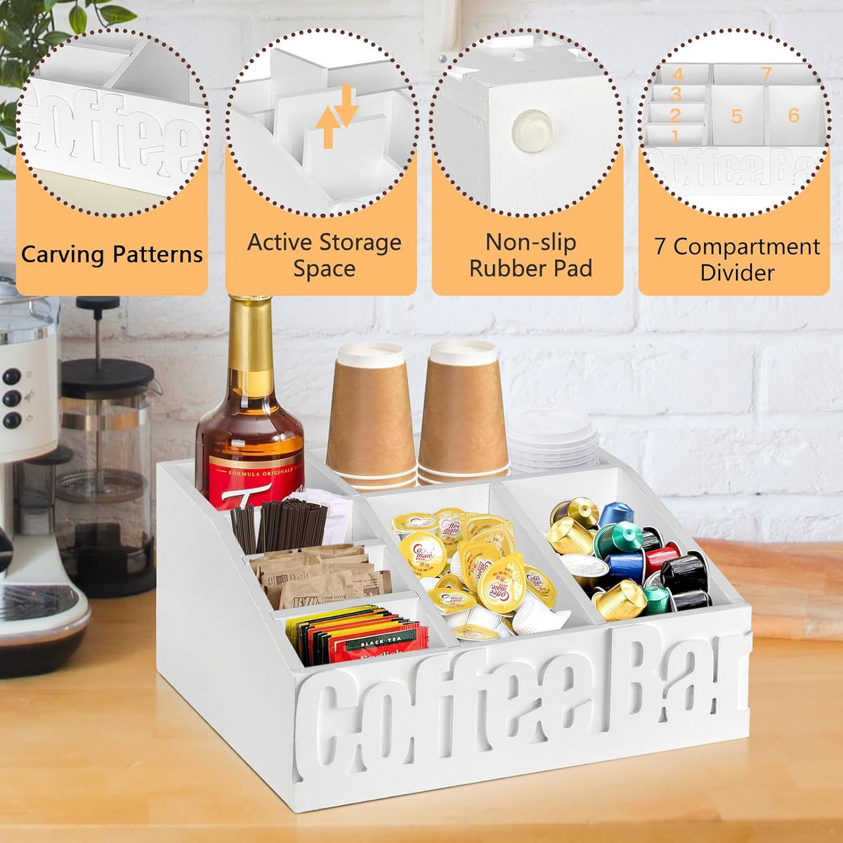 Coffee Bar Organizer for Accessories, Wood Station for Countertop, Farmhouse Pod Holders, White Condiment Organizer for Decor