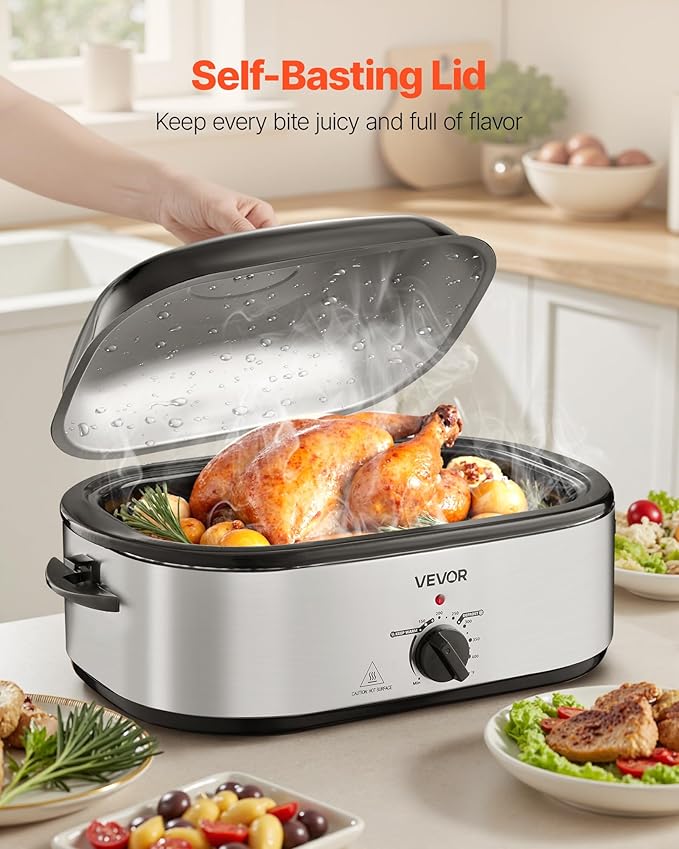 VEVOR Roaster Oven, 20QT Electric Roasting Pan, 150-450℉ Adjustable Temperature Fast-Cooking Turkey Roaster, Turkey Oven with Self-Basting Lid, Defrost & Warm Function for Home, Fits 24lb Turkey