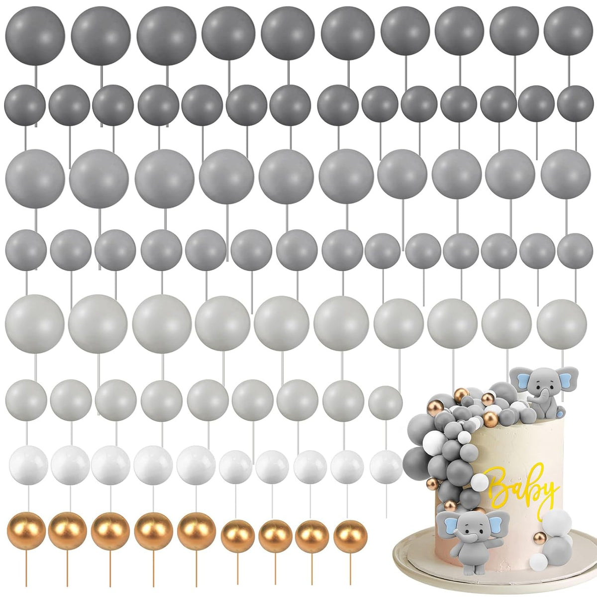 108 Pcs Balls Cake Topper DIY Cupcake Insert Foam Balloons for Cake Baking Wedding Anniversary Birthday Decoration(Dark Gray, Gray, Light Gray,Multi Sizes)