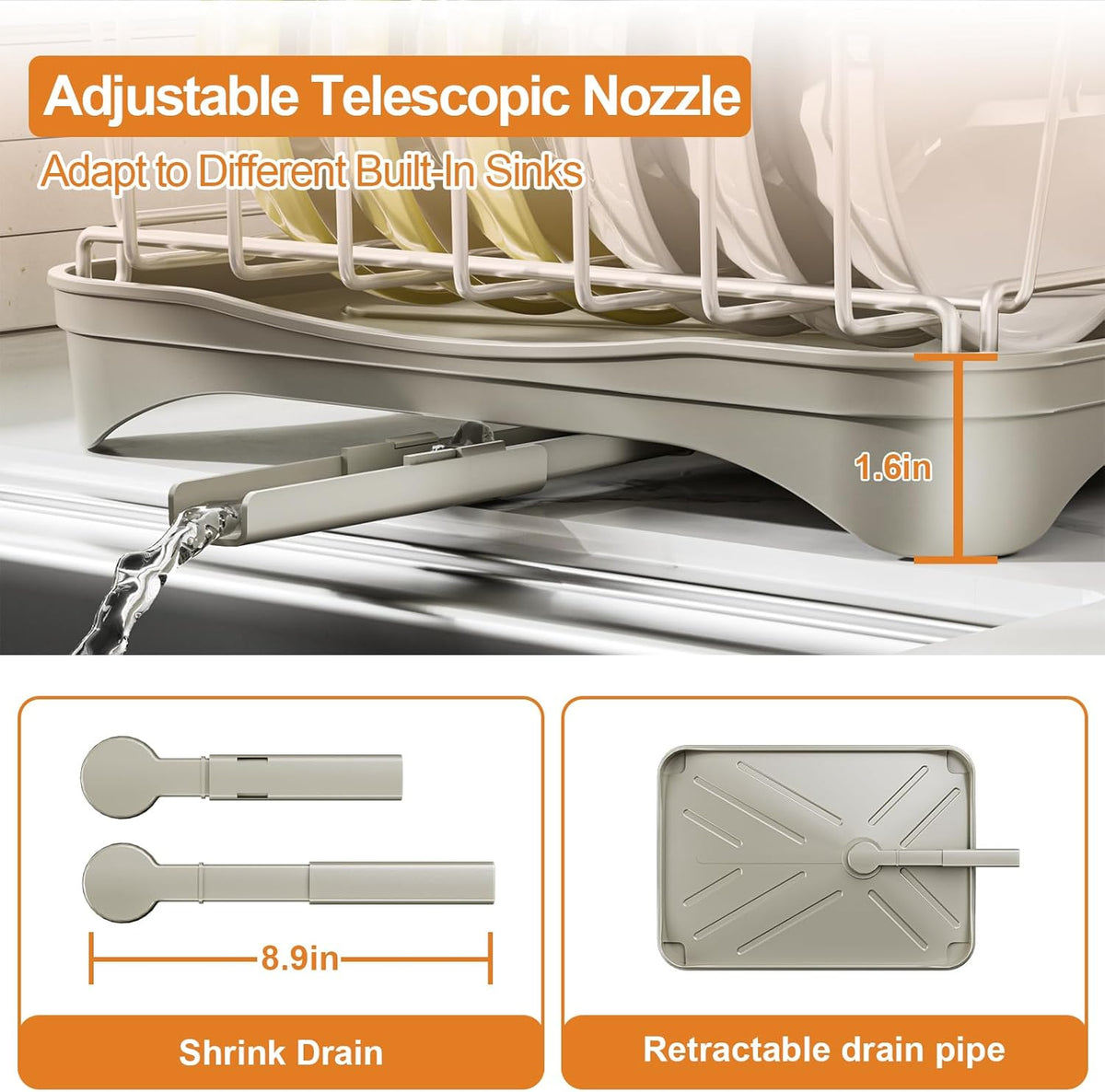 Stainless Steel Dish Drying Rack – 304 Grade Dish Racks for Kitchen Counter with Utensil Holder & Adjustable Spout, Space-Saving Organizer, 16.5" x 11.8" x 5.3" Grey