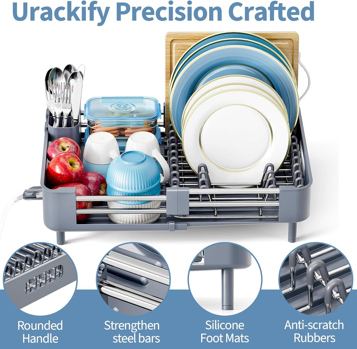 Stainless Steel Dish Drying Rack - Dish Drainer for Kitchen Counter, Extendable Drainboard with Foldable, Space-Saving Cup & Bowl Organizer, Includes Knife and Utensil Holder, Gray