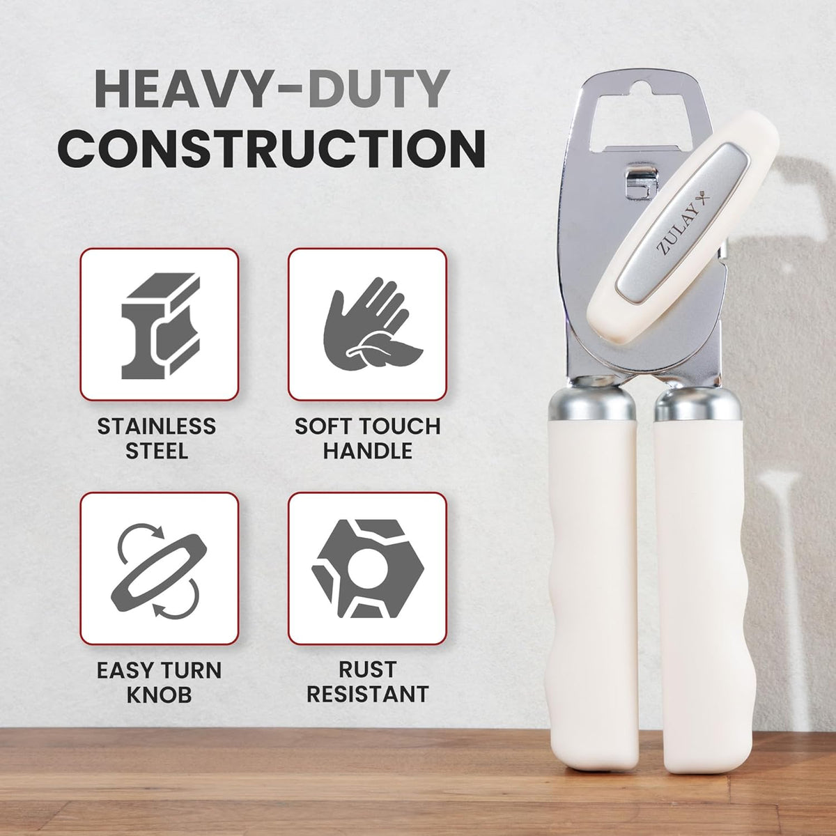 Zulay Kitchen Heavy Duty Stainless Steel Can Opener Manual with Bottle Opener - Rust Proof Manual Can Opener With Turn Knob & Comfy Soft Grip Handles - Cream