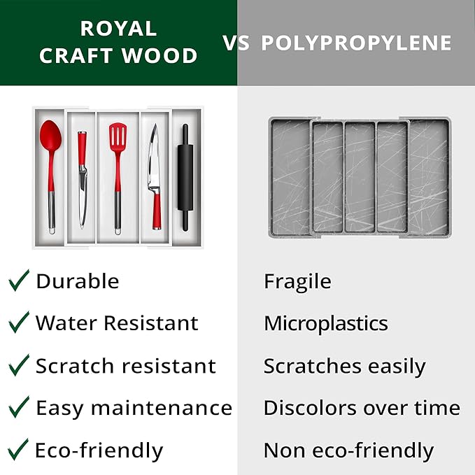 ROYAL CRAFT WOOD Luxury Bamboo Kitchen Drawer Organizer - Silverware Organizer - Utensil Holder and Cutlery Tray with Grooved Drawer Dividers for Flatware and Kitchen Utensils (5 Slot, White)