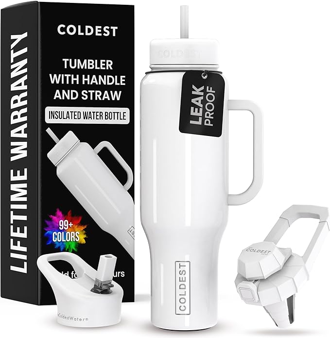 Coldest Tumbler with Handle and Straw, 100% Spill Proof Tumbler with Straw (3 Lids), Stainless Steel Insulated Leakproof Tumblers for Women & Men, Cup Holder Friendly, 46 oz (Snow Reflections)
