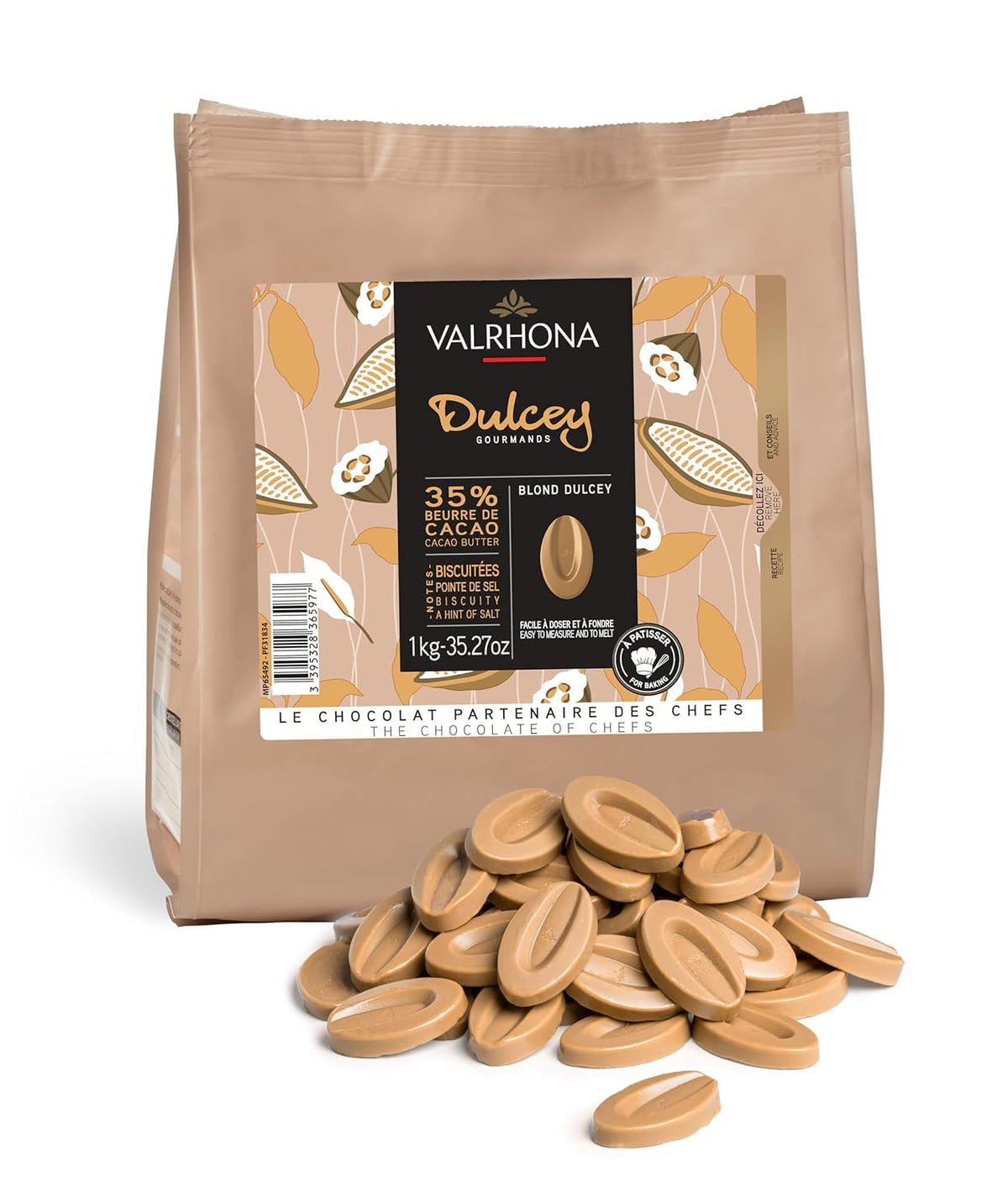Valrhona Premium French Baking Blonde Chocolate Discs (Feves) DULCEY 35% Cacao, Creamy, Caramel Cookie Flavor Notes, Easy Melt & Tempering Creamy, Balanced, For Luscious Frostings. 1kg (Pack of 1)