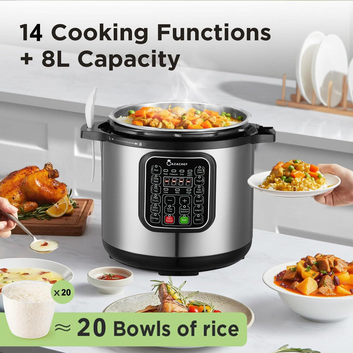 8qt stainless steel Pressure Cooker | 24-hour Presetting electric rice cooker, 14 in 1 slow cooker with temperature control | LED Multifunction Steamer, Food Warmer with nonstick pot