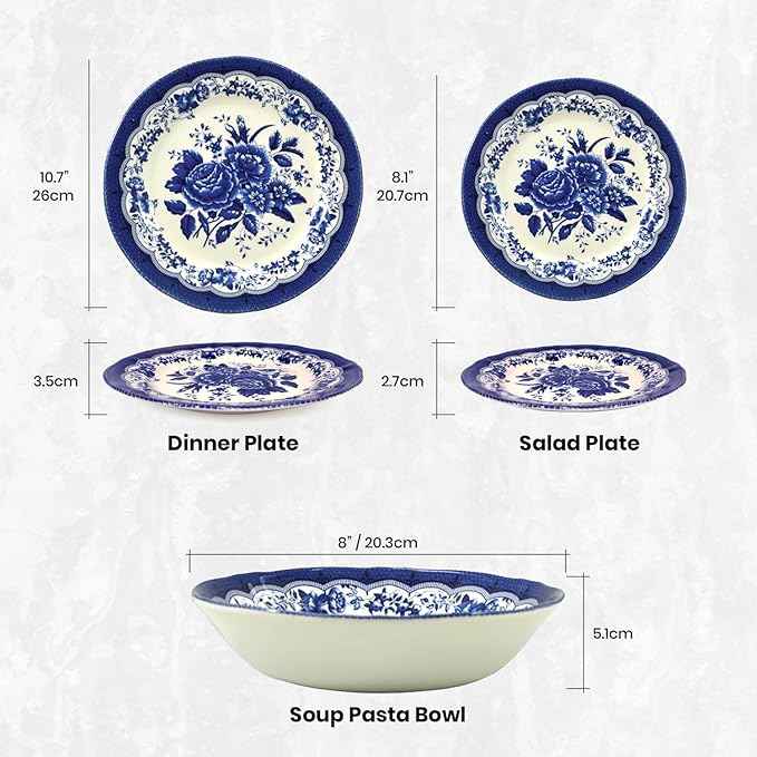 Tudor Royal 12-Piece Porcelain Round Dinnerware Set, Service for 4, Victoria Blue Design, Blue Floral, Plates Bowls Dishes, Glossy, Premium Quality Tableware, Unique Pattern