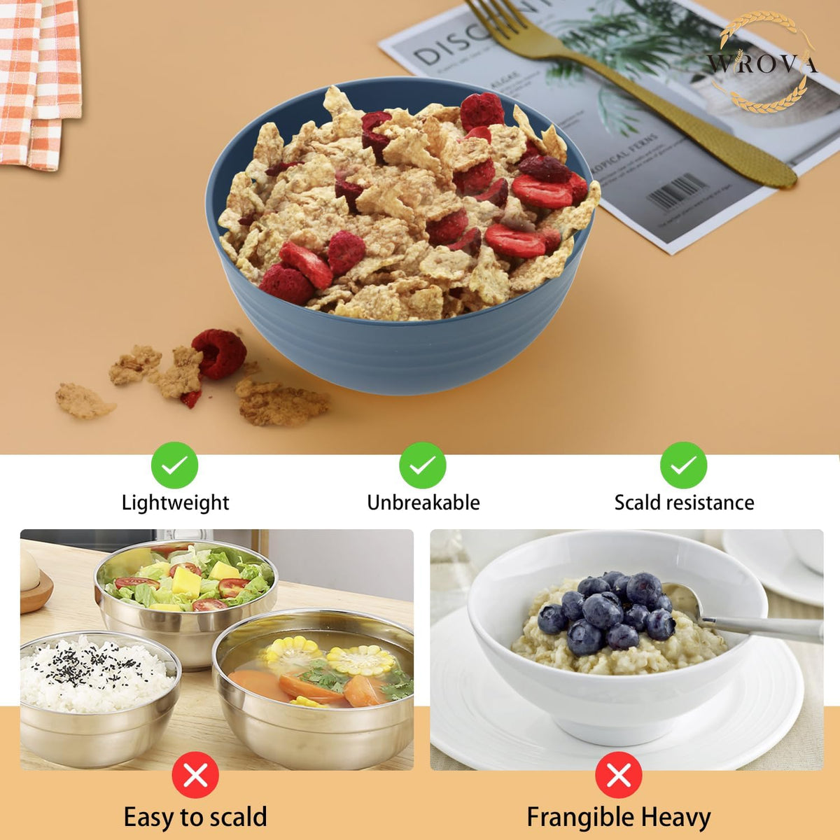 Wheat Straw Bowl Sets,8 PCS Unbreakable Cereal Bowls 26 OZ,Microwave and Dishwasher Safe Bowls,Kitchen Bowl suitable for cereal,salad,snack and soup (Navy Blue)