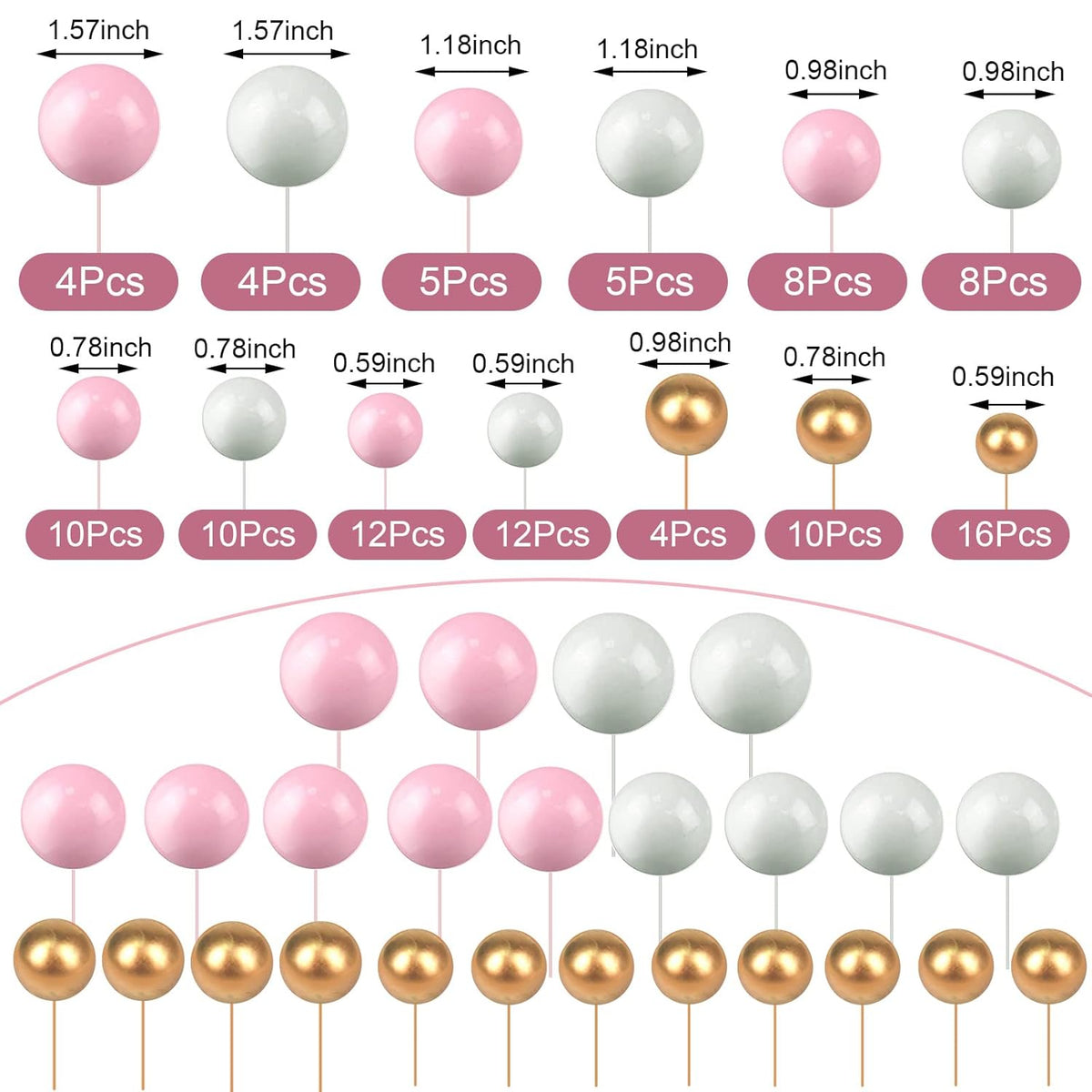 108 Pcs Balls Cake Topper DIY Cupcake Insert Foam Balloons for Cake Baking Wedding Anniversary Birthday Decoration(Pink, White, Gold,Multi Sizes)