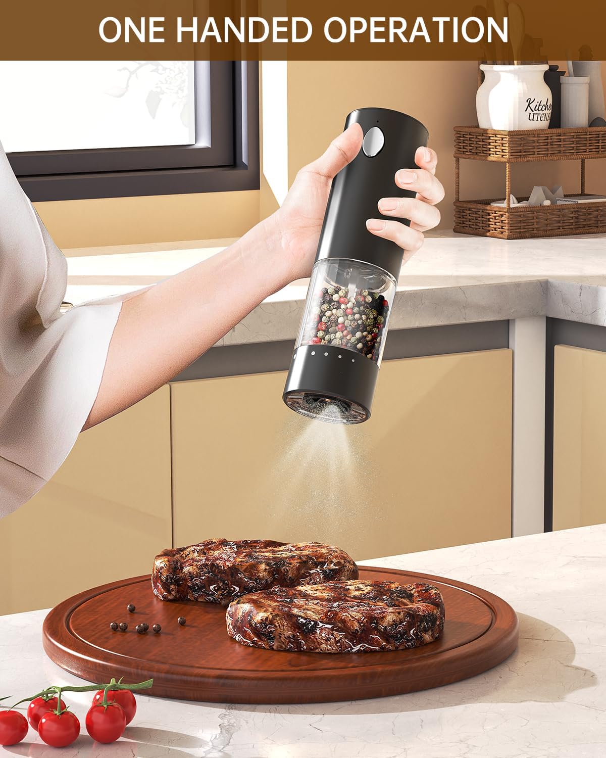 CIRCLE JOY Electric Salt and Pepper Grinder Set Rechargeable Salt and Pepper Mills with 6-Level External Adjustable Coarseness, White LED Light and Storage Base, Black