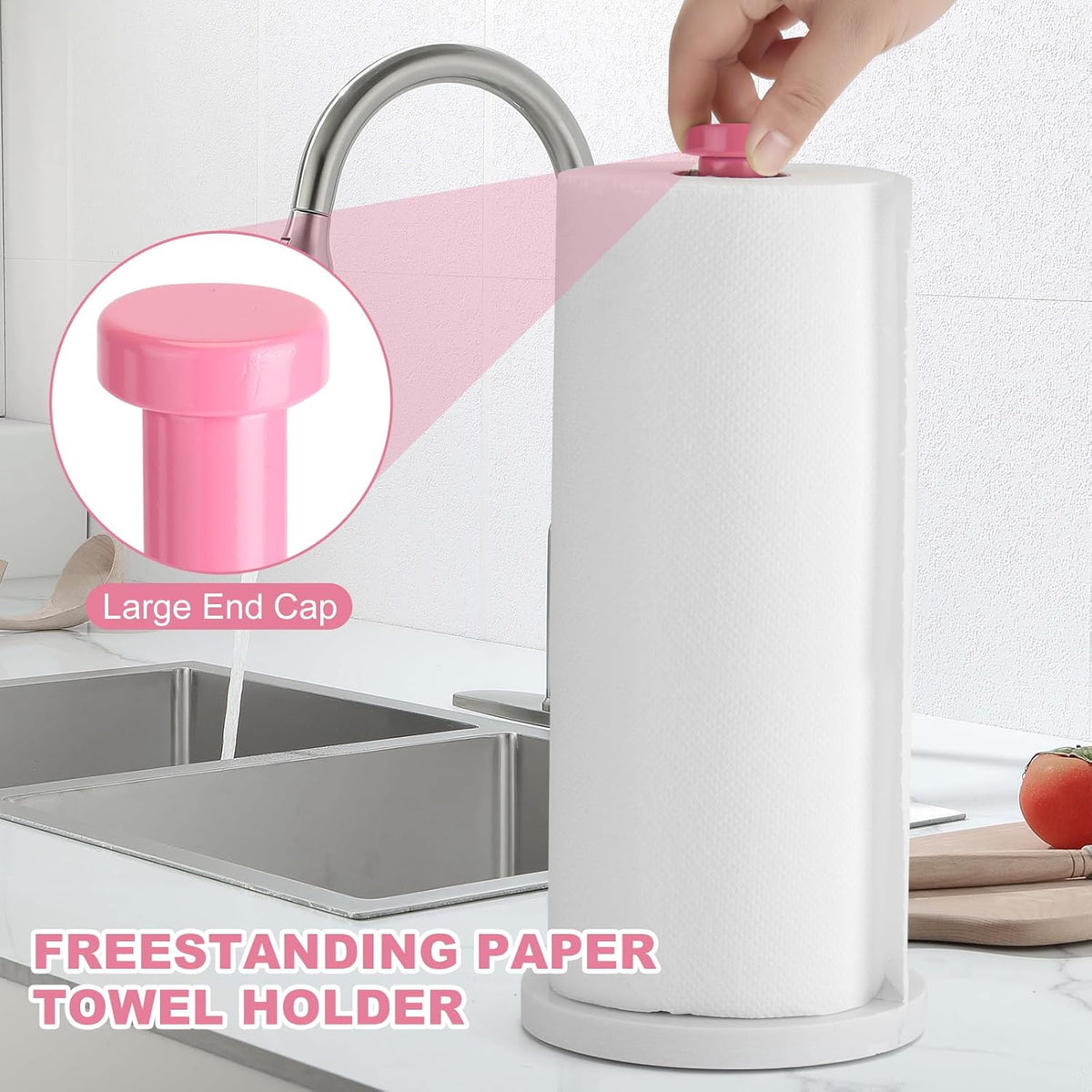 Standing Paper Towel Holder, Kitchen Paper Towel Roll Holder- for Bathroom Kitchen Countertop with Weighted Marble Base for One-Handed Operation (Pink), Pink Paper Towel Holder