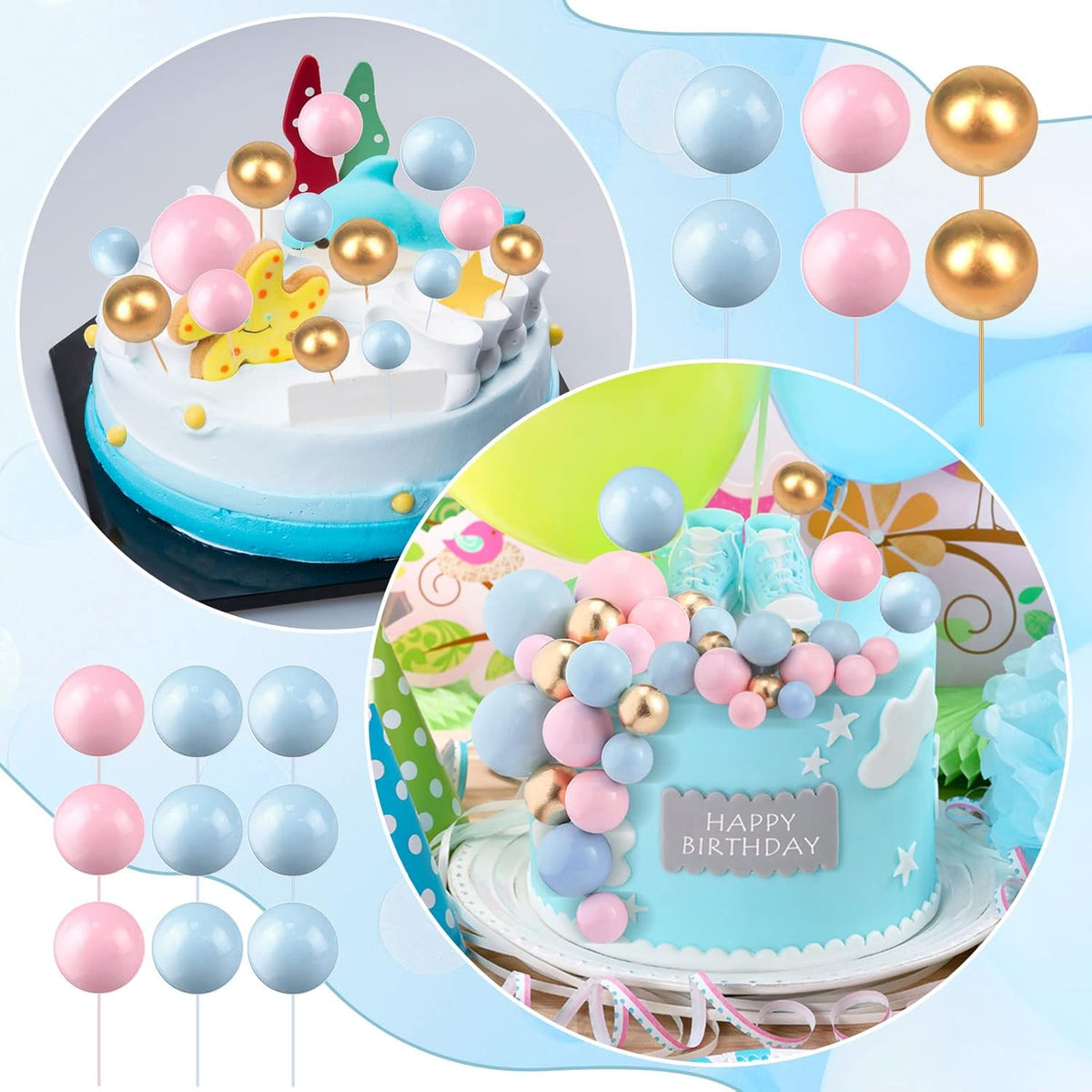 108 Pcs Balls Cake Topper DIY Cupcake Insert Foam Balloons for Cake Baking Wedding Anniversary Birthday Decoration(Pink, Blue, Gold,Multi Sizes)