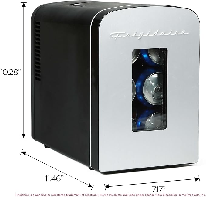 Frigidaire Portable 9-Can Mini Cooler Fridge, 5L, Brushed Stainless Rugged, Window, EFMIS189-SS, Clear Door, Glass