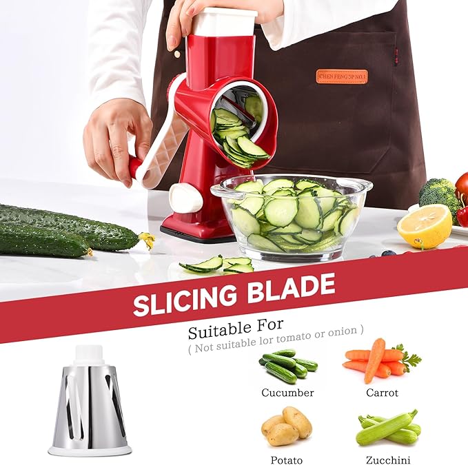 Rotary Cheese Grater with Handle Kitchen Shredder Slicer Grater Slicer Ice Shaver Cheese Vegetable Nuts Potato Zucchini Chocolate 3 Interchangeable Blades (RedWhite)