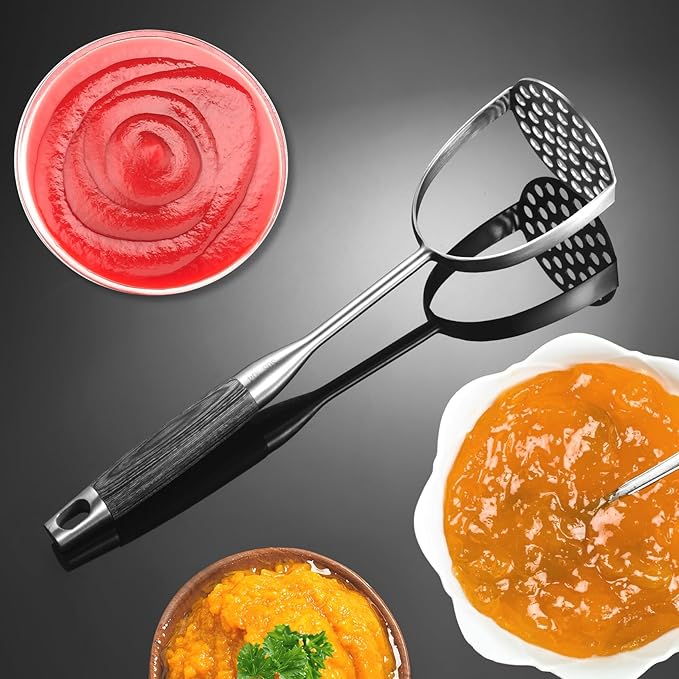 Potato Masher Stainless Steel, Heavy Duty Mashed Potatoe Masher,Professional Integrated Food Masher for Avocado, Potatoes, Beans, Meat, Vegetables (Black wooden handle Masher)