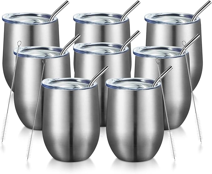 COMOOO 12oz Insulated Wine tumbler with Lid, Stainless Steel Stemless Wine Tumbler Glass,Double Wall Vacuum Wine Tumbler Cups with Straw Coffee, Cocktails,Beer,Champaign Silver, 8 Pack