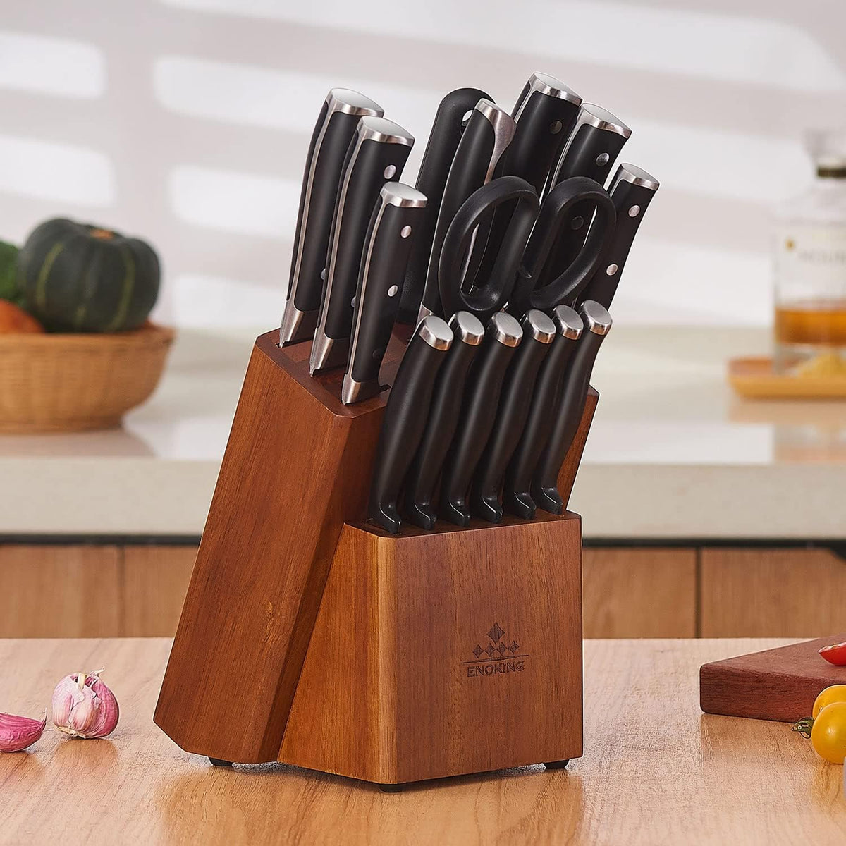 ENOKING 15 Slots Universal Knife Block, Acacia Wood Knife Block without Knives, Knife Holder for Kitchen Counter- Wider Angled Openings for Keeping Knives Sharp